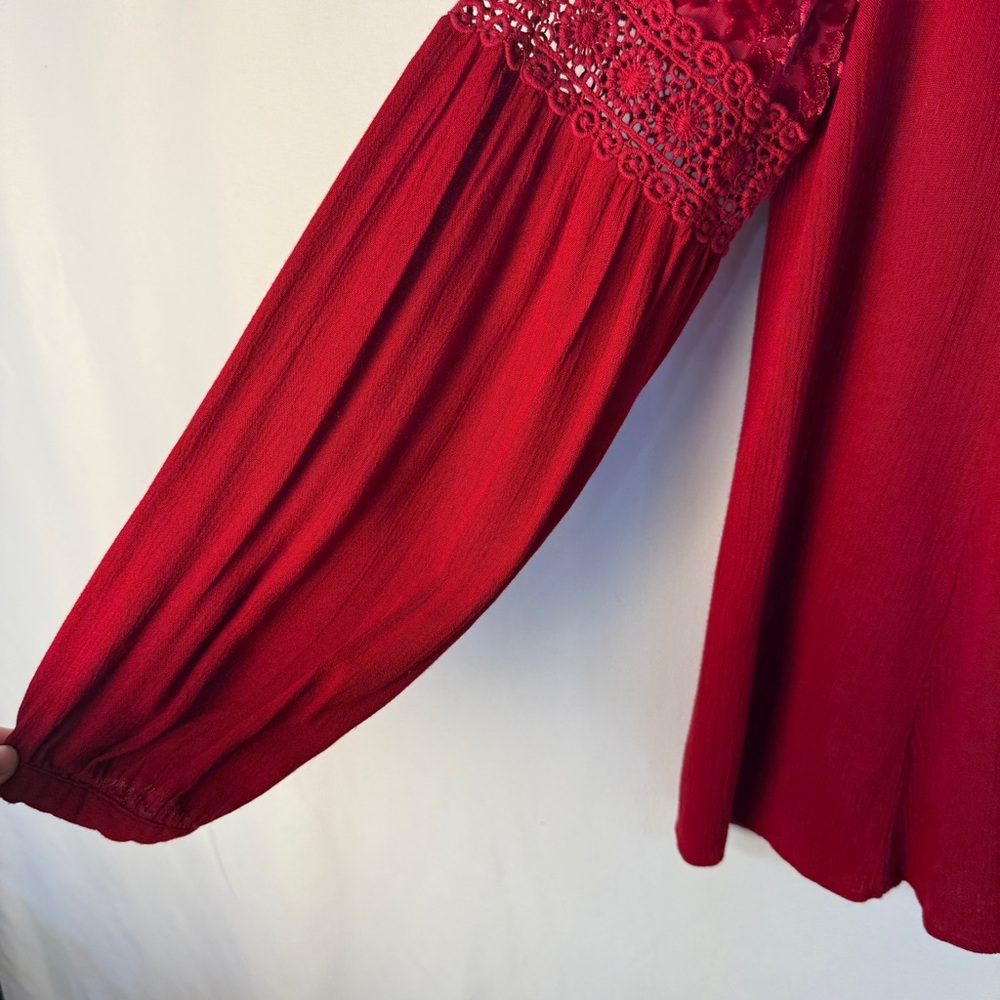 Sundance Red Velvet Burnout and Lace Detail Blouse, Bohemian, Whimsigoth Western - Picture 6 of 12